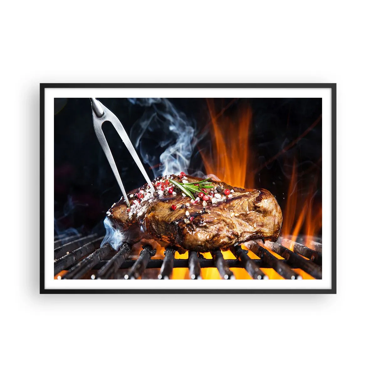 Affiche dans un cadre noir - Poster - Steak grillé sur un gril aux épices - 100x70cm - Juteux et parfumé - Décoration murale moderne pour le salon et la chambre ARTTOR