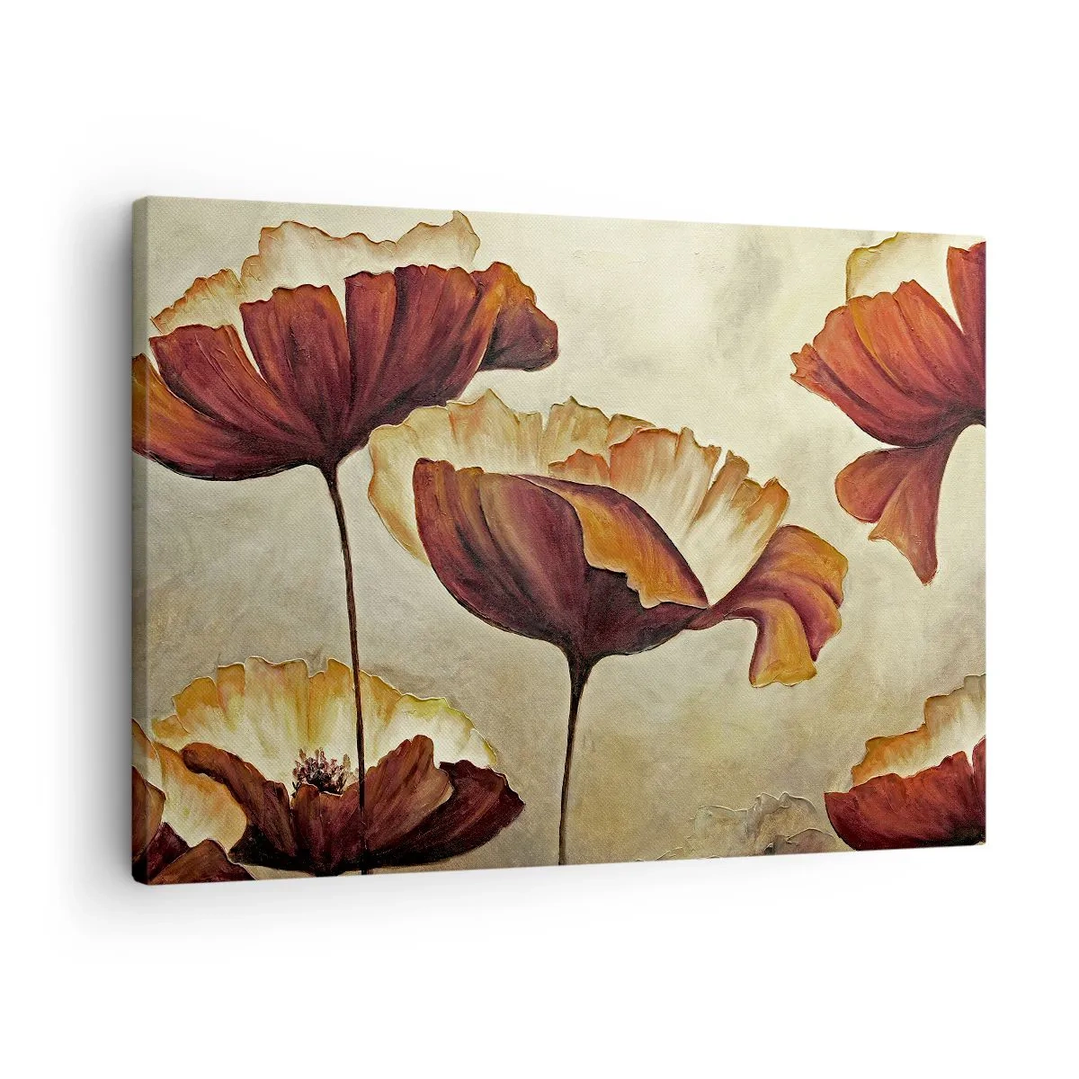 Impression sur toile - Image sur toile - Fleurs subtiles dans des tons de rouge et d'or sur un fond clair - 70x50cm - À la lisière des champs - Décoration murale moderne pour le salon et la chambre ARTTOR