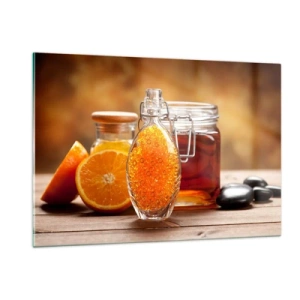 Impression sur verre - Image sur verre - Une bouteille d'huile et une orange sur une table en bois - 120x80cm - Saveurs et arômes ensoleillés - Décoration murale moderne pour le salon et la chambre ARTTOR