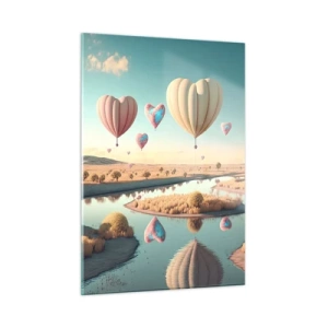 Impression sur verre - Image sur verre - Ballons en forme de cœur au-dessus d'un paysage de conte de fées avec une rivière - 50x70cm - L'amour te permet de t'élever - Décoration murale moderne pour le salon et la chambre ARTTOR