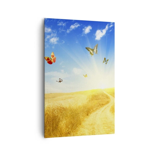 Impression sur toile - Image sur toile - Un champ doré, un chemin et des papillons contre un ciel bleu - 80x120cm - Et comment ne pas aimer l'été ? - Décoration murale moderne pour le salon et la chambre ARTTOR