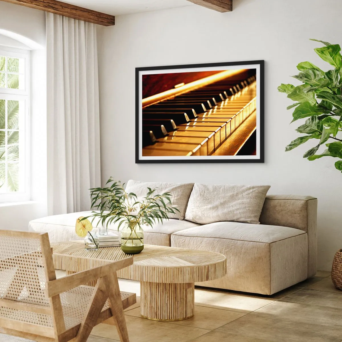 Affiche dans un cadre noir - Poster - Clavier de piano sous un éclairage doré - 70x50cm - Des possibilités infinies - Décoration murale moderne pour le salon et la chambre ARTTOR