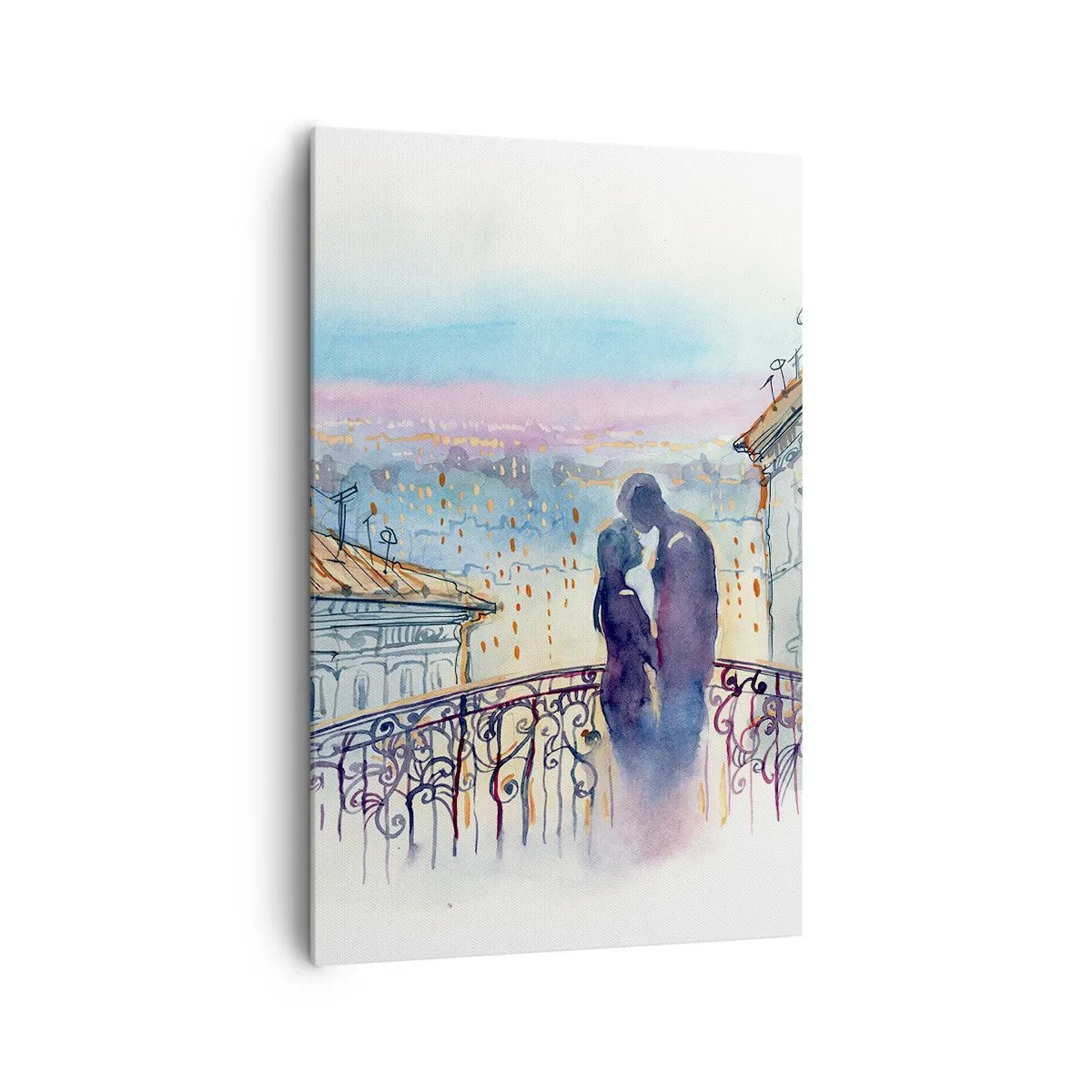 Impression sur toile - Image sur toile - Couple romantique sur un balcon avec vue sur la ville - 80x120cm - Amoureux de Paris - Décoration murale moderne pour le salon et la chambre ARTTOR