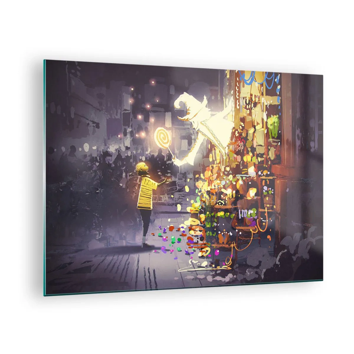 Impression sur verre - Image sur verre - Un enfant en t-shirt léger devant un stand lumineux rempli de bonbons colorés - 70x50cm - La magie existe - Décoration murale moderne pour le salon et la chambre ARTTOR