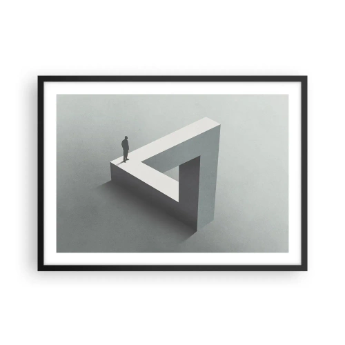 Affiche dans un cadre noir - Poster - Une figure debout sur un triangle de Penrose dans des tons de gris. - 70x50cm - Mais c'est possible - Décoration murale moderne pour le salon et la chambre ARTTOR