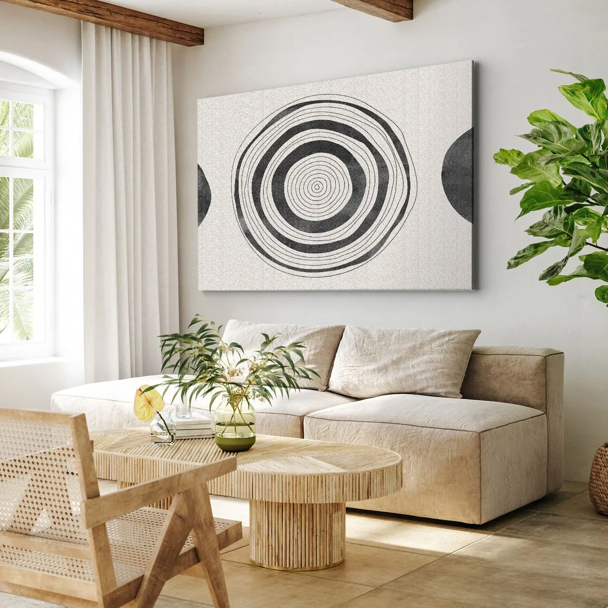Impression sur toile - Image sur toile - Cercles minimalistes noirs et blancs sur fond clair - 100x70cm - Ce qui est important c'est ce qu'il y a entre les deux - Décoration murale moderne pour le salon et la chambre ARTTOR