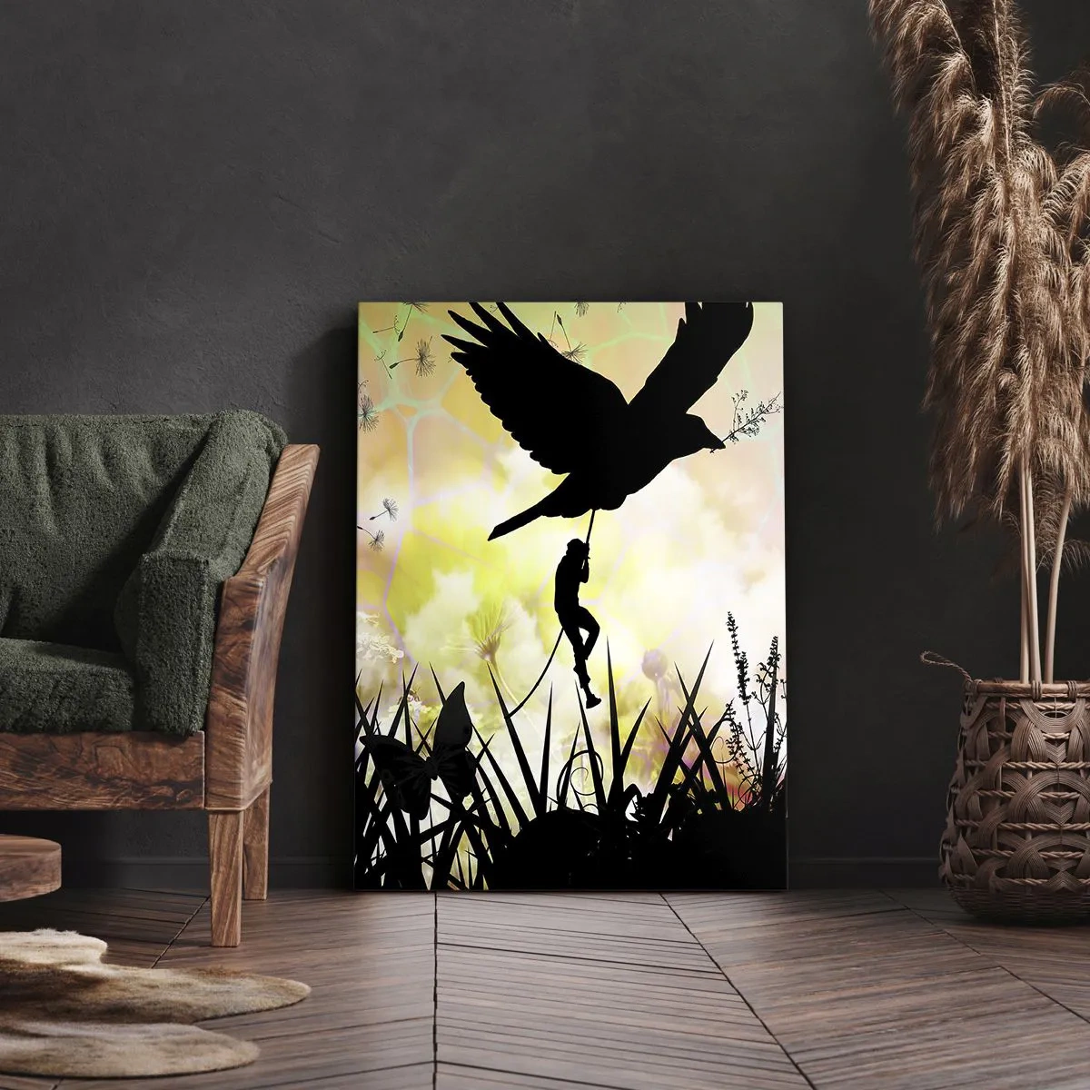 Impression sur toile - Image sur toile - Silhouette de la nature avec un oiseau et un pissenlit - 70x100cm - Dans une ambiance de conte de fées - Décoration murale moderne pour le salon et la chambre ARTTOR