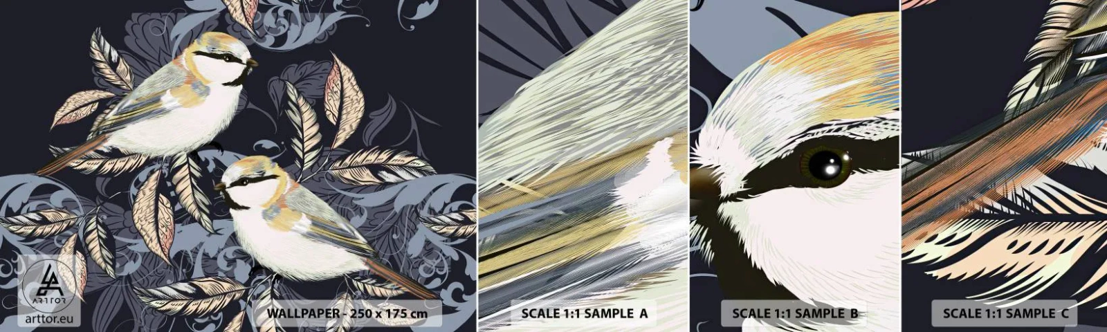 Échantillon De Papier Peint Standard Eco - Babillement jaune et bleu - Abstraction, Des oiseaux, Feuilles - 100x30 cm