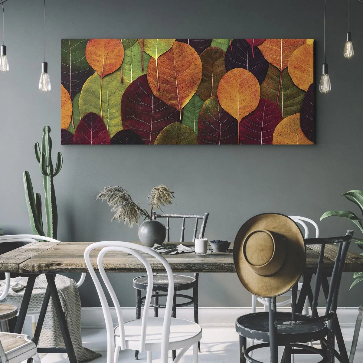 Impression sur toile - Image sur toile - Feuilles colorées disposées selon un motif d'automne - 160x50cm - Mozaique printannière - Décoration murale moderne pour le salon et la chambre ARTTOR