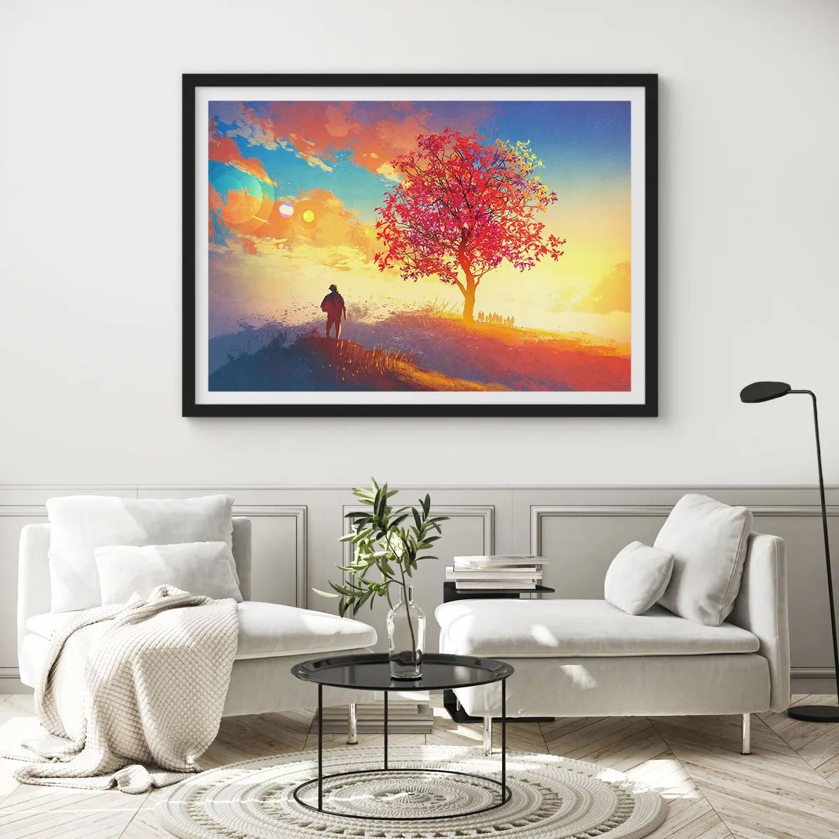 Affiche dans un cadre noir - Poster - Une silhouette sur une colline à côté d'un arbre coloré à la lumière du soleil couchant - 100x70cm - Pèlerin à destination - Décoration murale moderne pour le salon et la chambre ARTTOR