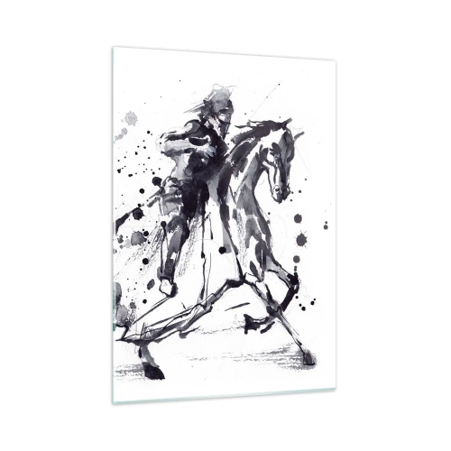 Impression sur verre - Image sur verre - Peinture en noir et blanc d'un cavalier sur un cheval dans un style abstrait - 50x70cm - Chevalier noir - Décoration murale moderne pour le salon et la chambre ARTTOR