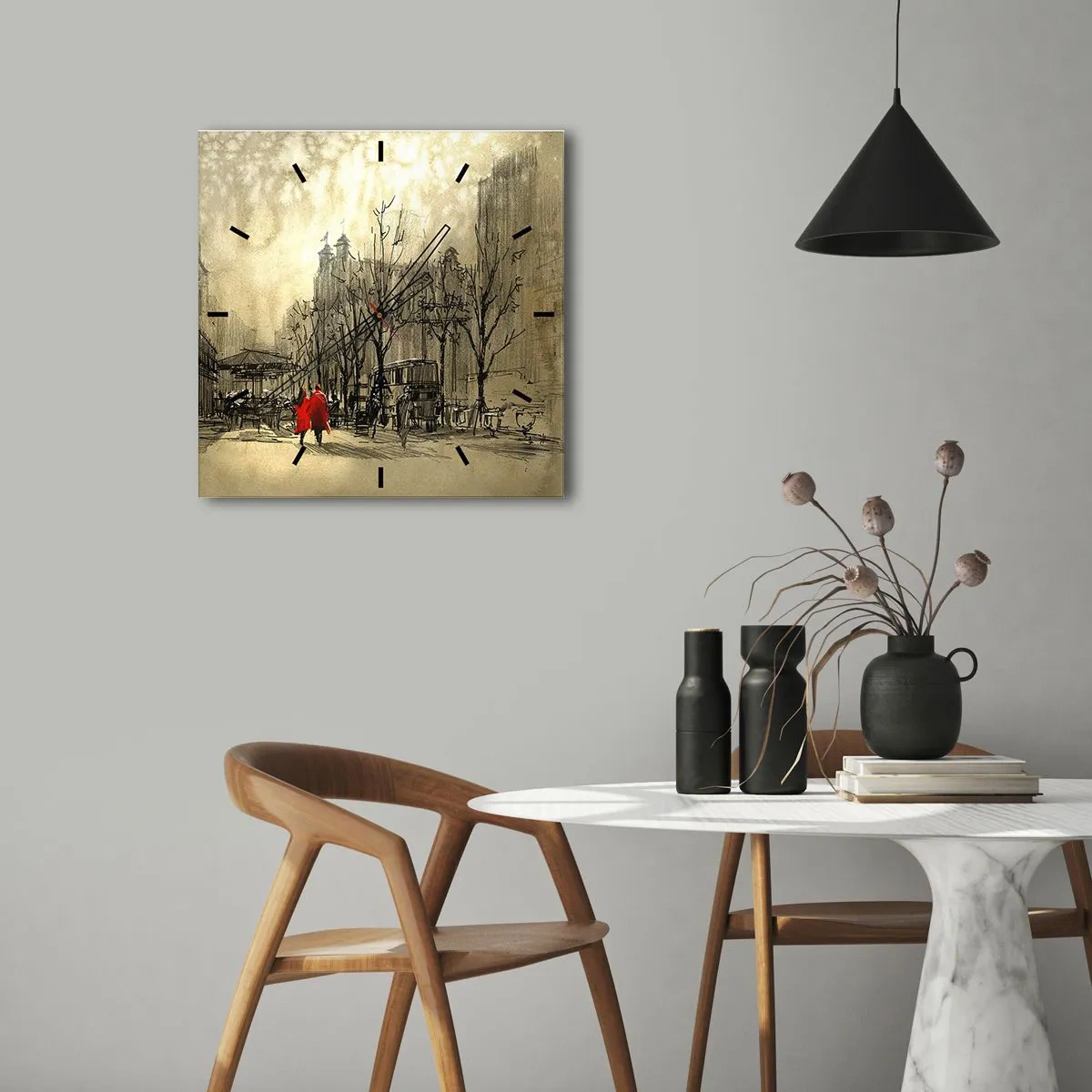 Horloge murale - Pendule murale - Une figure rouge dans un décor urbain nostalgique - 30x30cm - Rendez-vous dans le brouillard de Londres - Décoration murale moderne pour le salon et la chambre ARTTOR