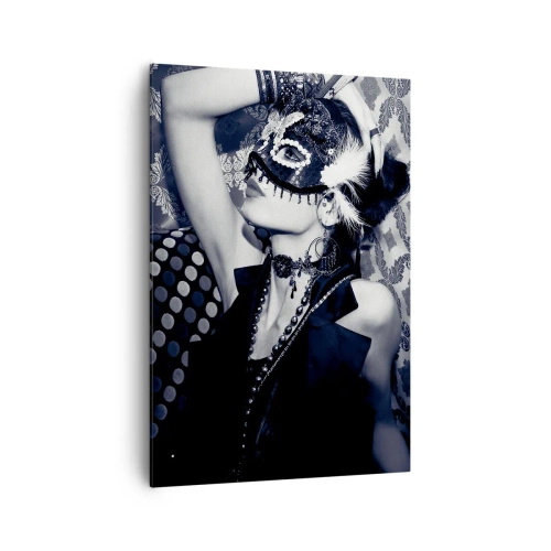 Impression sur toile - Image sur toile - Une femme portant un masque vénitien sur un fond de motifs ornés. - 70x100cm - Décorations, ornements, motifs… - Décoration murale moderne pour le salon et la chambre ARTTOR