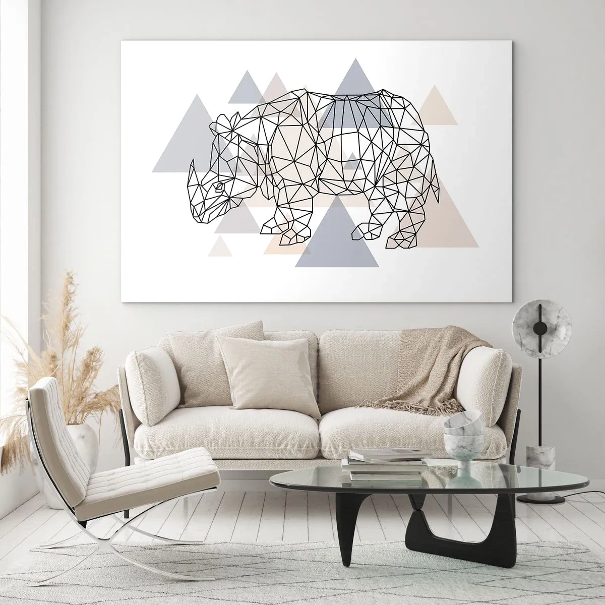 Impression sur verre - Image sur verre - Dessin géométrique d'un rhinocéros sur fond clair - 100x70cm - Structure de force - Décoration murale moderne pour le salon et la chambre ARTTOR