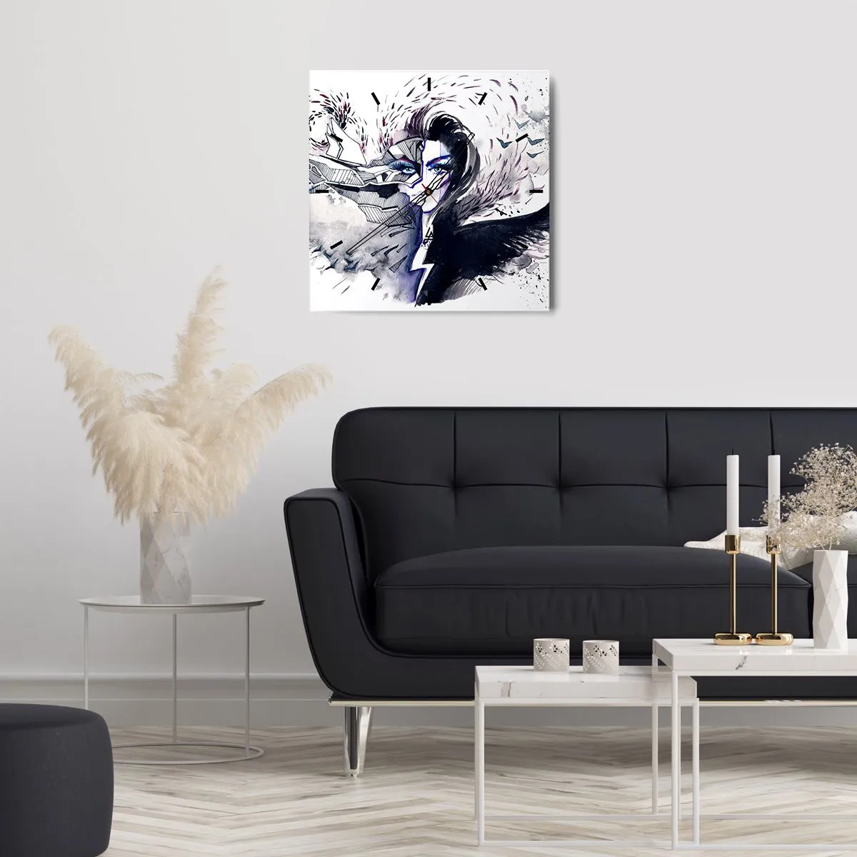 Horloge murale - Pendule murale - Visage abstrait avec des éléments contrastés et un motif d'aile - 30x30cm - Démoniaque et belle - Décoration murale moderne pour le salon et la chambre ARTTOR