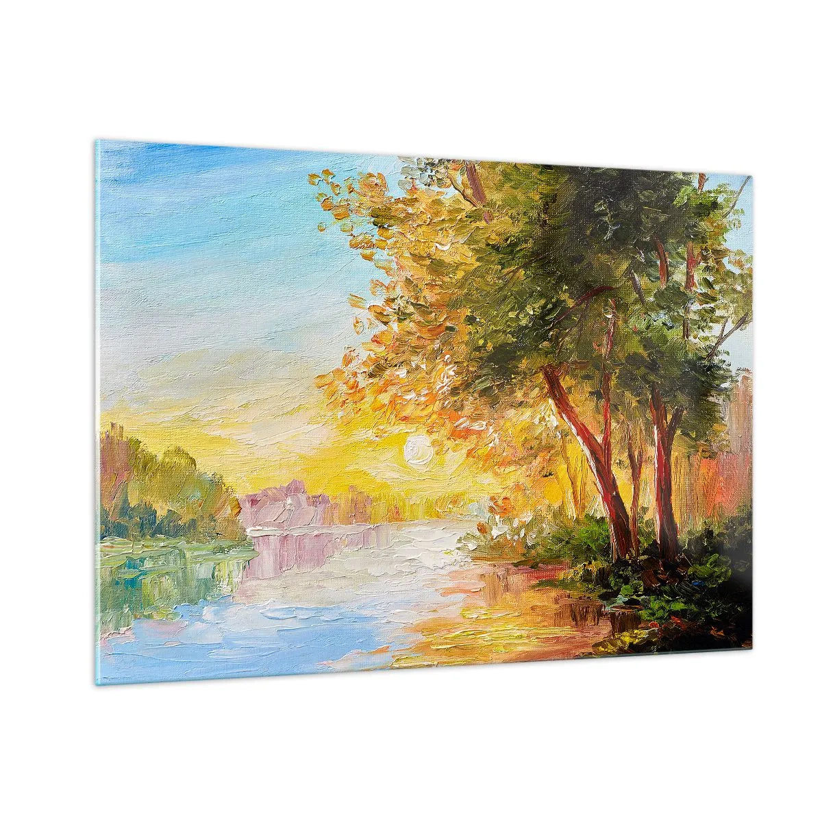 Impression sur verre - Image sur verre - Lac avec des arbres au coucher du soleil - 100x70cm - Et in Arcadia ego - Décoration murale moderne pour le salon et la chambre ARTTOR