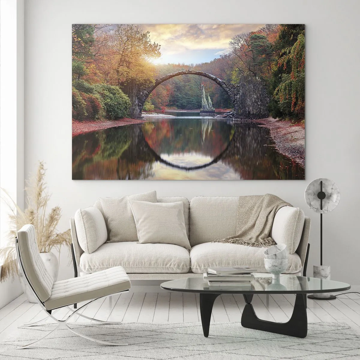 Impression sur verre - Image sur verre - Un pont de pierre se reflétant dans un lac au milieu d'une forêt d'automne - 70x50cm - De l'autre cote du miroir - Décoration murale moderne pour le salon et la chambre ARTTOR