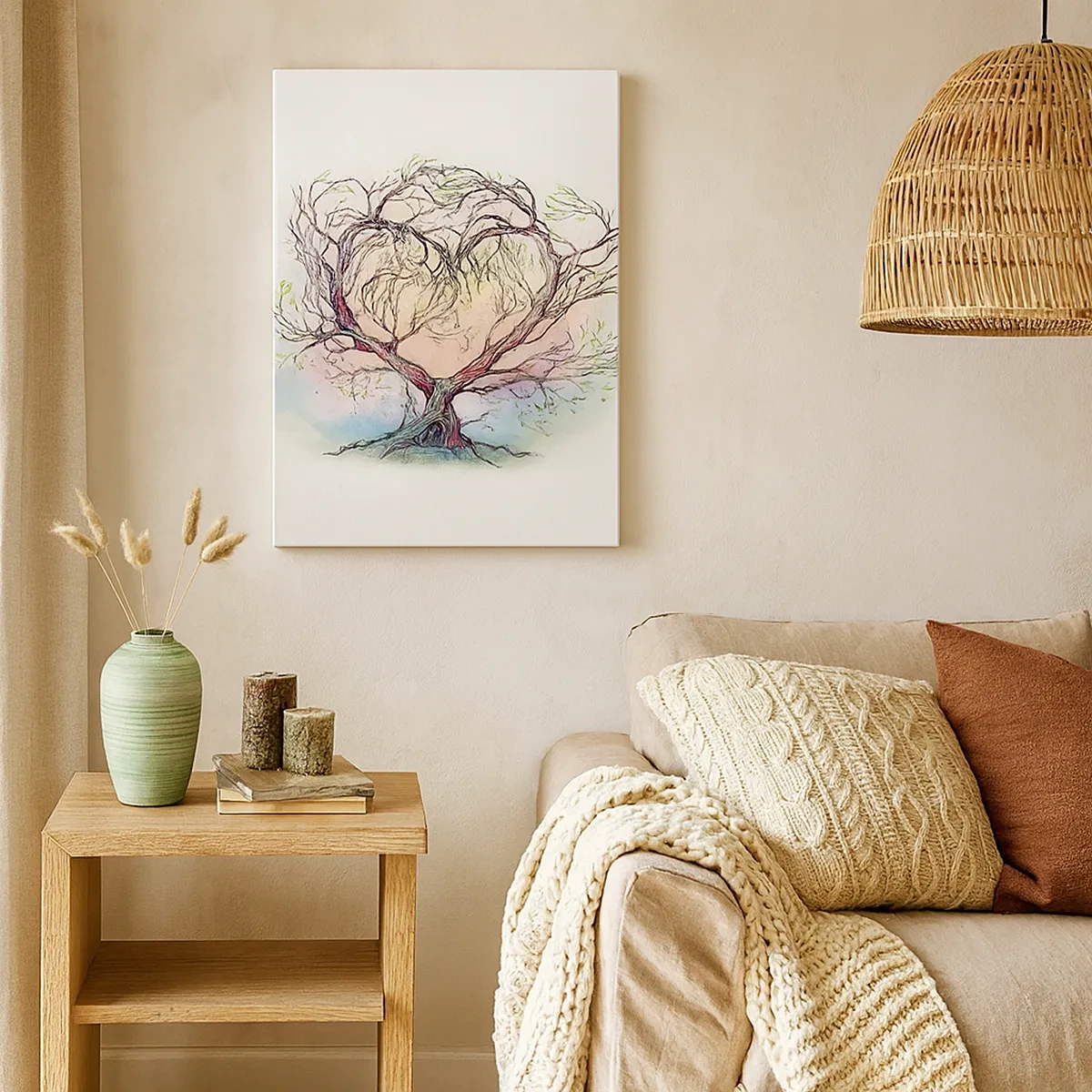 Impression sur toile - Image sur toile - Un arbre en forme de cœur sur un fond de couleurs pastel délicates - 50x70cm - Ensemble contre les tempêtes - Décoration murale moderne pour le salon et la chambre ARTTOR