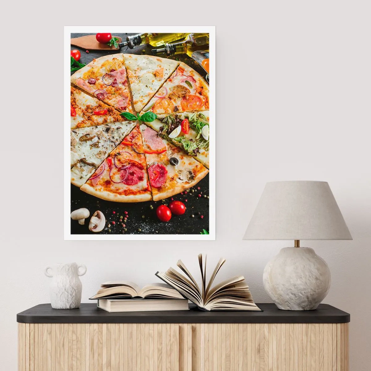 Affiche - Poster - Pizza colorée divisée en plusieurs morceaux - 50x70cm - Une gamme de saveurs - Décoration murale moderne pour le salon et la chambre ARTTOR
