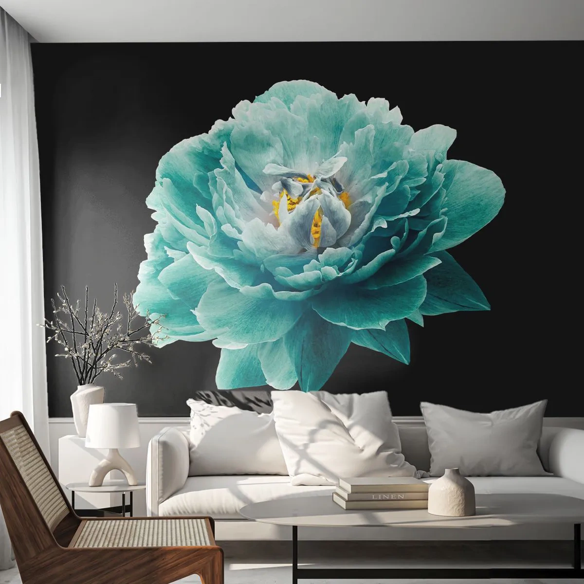 Papier Peint Autocollant Deluxe Sticker - Pétales bleus et dorés - Fleur, Épanouissement, Pivoine - 100x70 cm