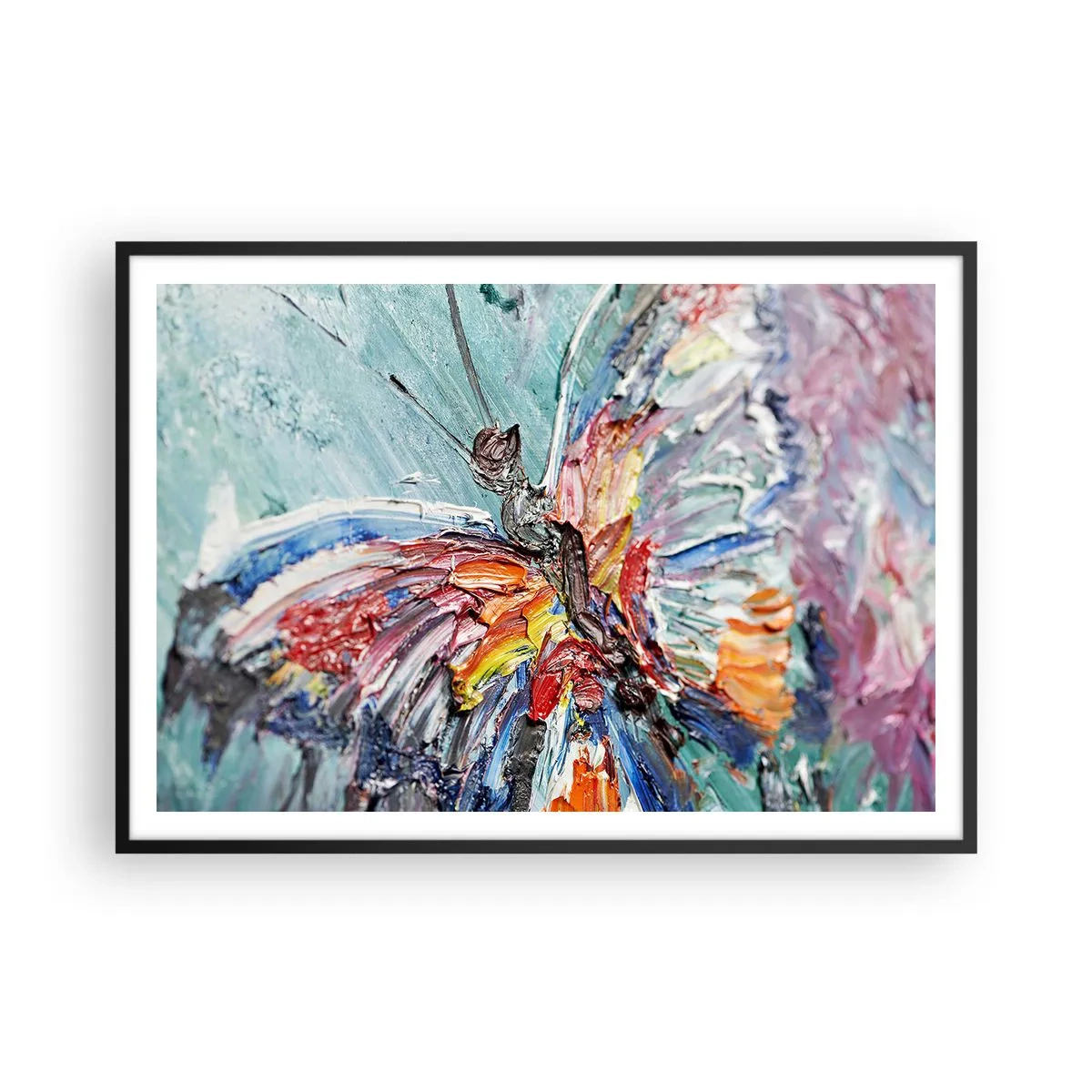 Affiche dans un cadre noir - Poster - Papillon coloré en pâte sur fond pastel - 100x70cm - Peint par nature - Décoration murale moderne pour le salon et la chambre ARTTOR
