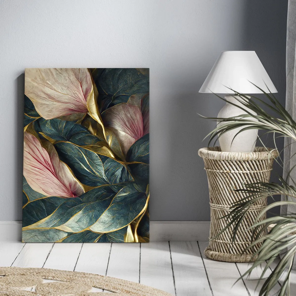 Impression sur toile - Image sur toile - Feuilles élégantes en vert, or et rose - 80x120cm - Élégance et style naturels - Décoration murale moderne pour le salon et la chambre ARTTOR