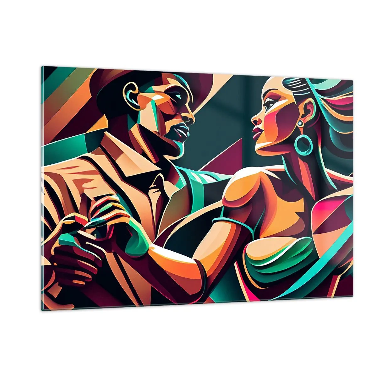 Impression sur verre - Image sur verre - Un couple coloré dansant dans un style art déco avec une expression dynamique. - 120x80cm - Au rythme du coeur - Décoration murale moderne pour le salon et la chambre ARTTOR