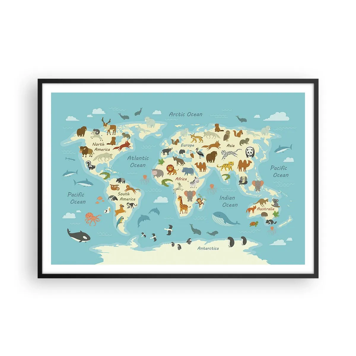 Affiche dans un cadre noir - Poster - Carte du monde avec des illustrations d'animaux - 100x70cm - De bons voisins - Décoration murale moderne pour le salon et la chambre ARTTOR
