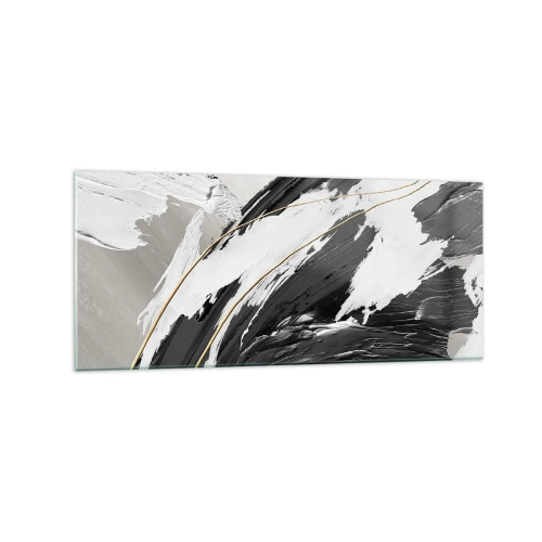 Impression sur verre - Image sur verre - Coups de pinceau noirs et blancs avec une subtile touche dorée - 120x50cm - L'abstraction à grande échelle - Décoration murale moderne pour le salon et la chambre ARTTOR