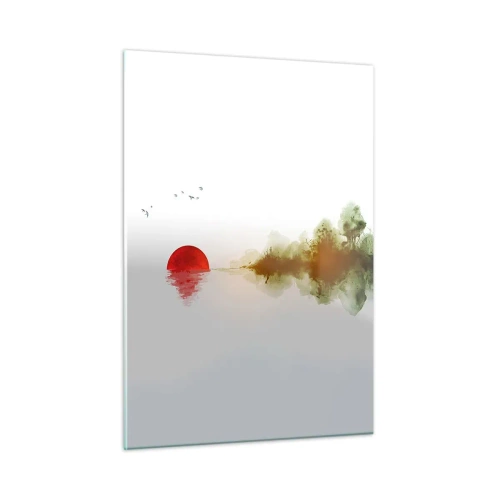 Impression sur verre - Image sur verre - Soleil rouge sur l'eau et le contour de la forêt - 50x70cm - Une promesse de paix - Décoration murale moderne pour le salon et la chambre ARTTOR