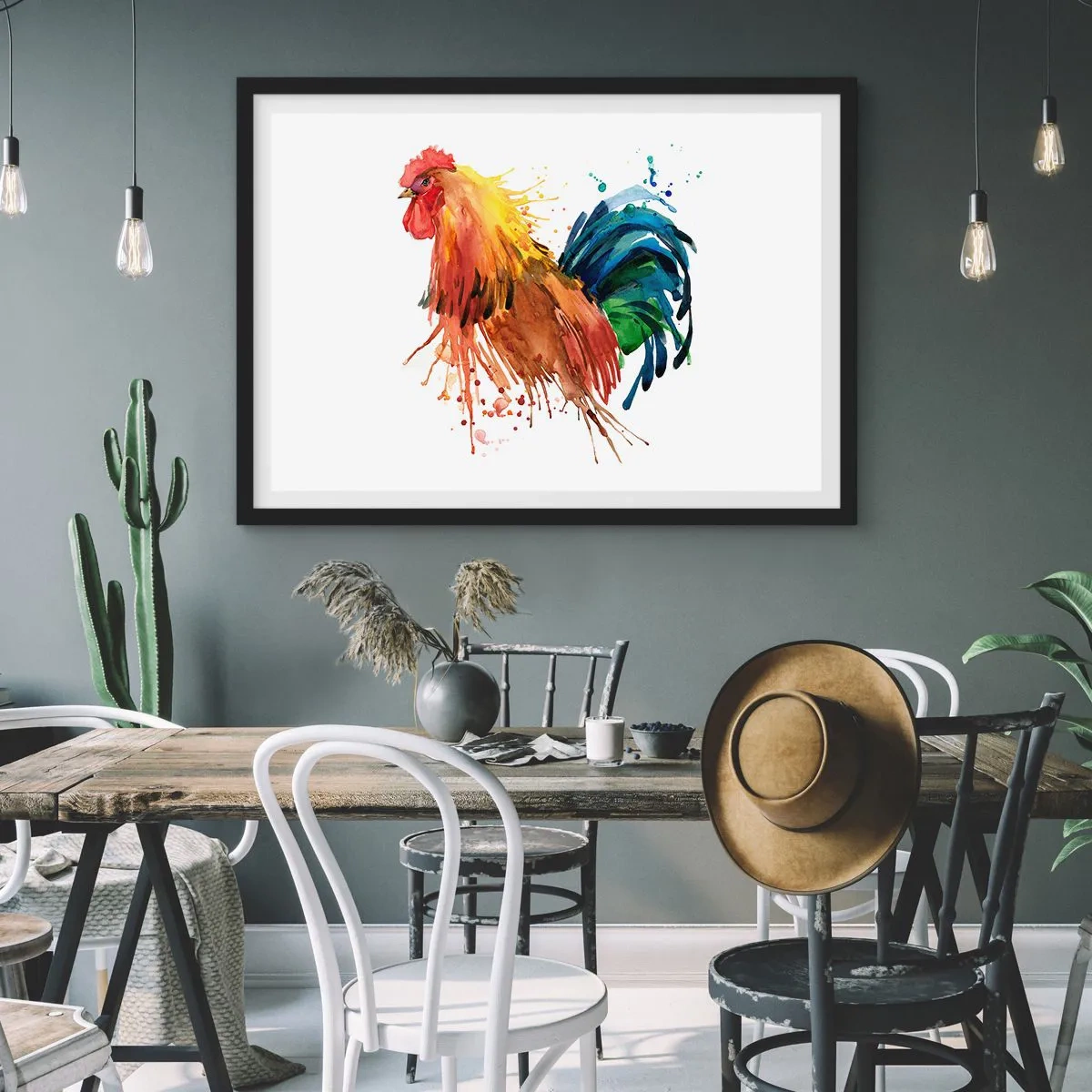 Affiche dans un cadre noir - Poster - Coq coloré dans un style aquarelle - 100x70cm - Robe royale, fierté royale - Décoration murale moderne pour le salon et la chambre ARTTOR