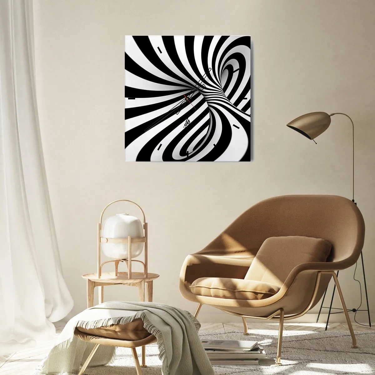 Horloge murale - Pendule murale - Tunnel abstrait avec des rayures en spirale noires et blanches - 30x30cm - Composition : espace de danse - Décoration murale moderne pour le salon et la chambre ARTTOR