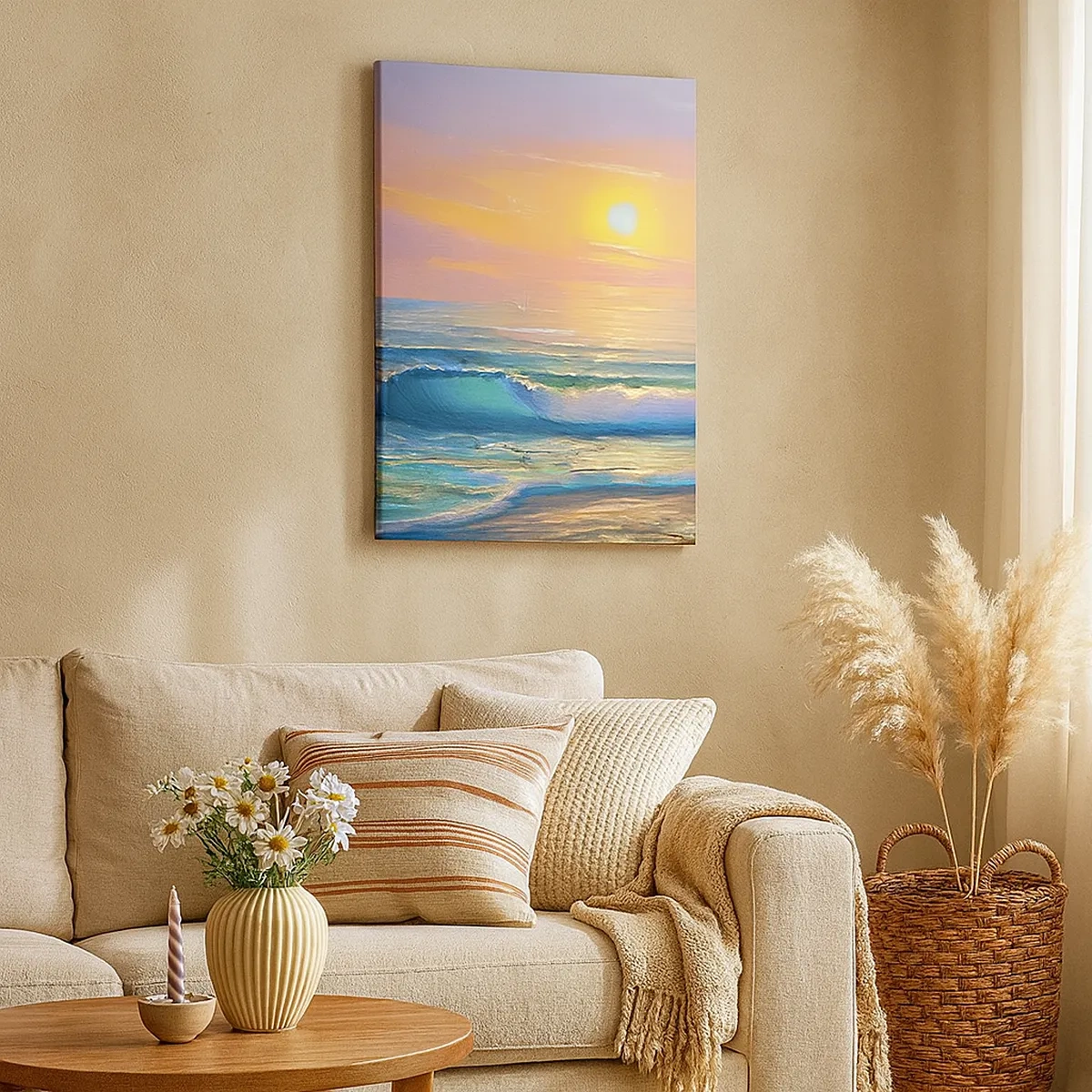 Impression sur toile - Image sur toile - Paysage marin avec coucher de soleil - 50x70cm - Le chant turquoise des vagues - Décoration murale moderne pour le salon et la chambre ARTTOR