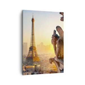 Impression sur toile - Image sur toile - Vue de la Tour Eiffel avec des gargouilles en arrière-plan - 50x70cm - Tellement de choses ont changés... - Décoration murale moderne pour le salon et la chambre ARTTOR