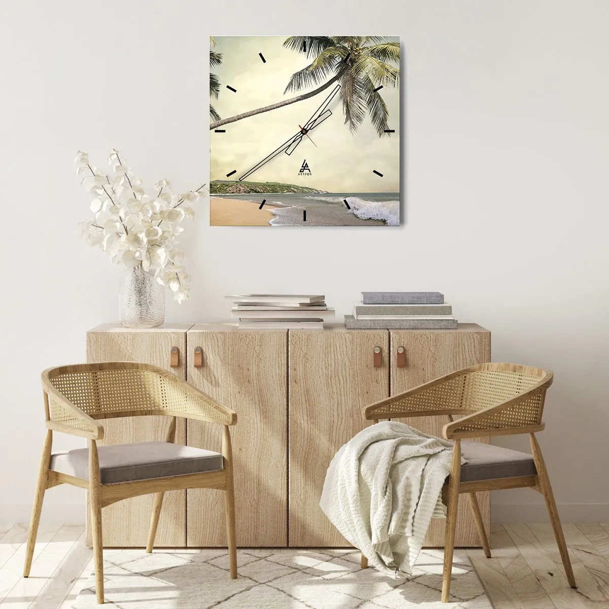 Horloge murale - Pendule murale - Une plage avec des palmiers sur fond de mer calme - 30x30cm - Rêve tropical - Décoration murale moderne pour le salon et la chambre ARTTOR