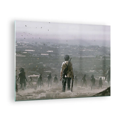 Impression sur verre - Image sur verre - Une silhouette avec un fusil dans le décor sombre d'un groupe qui s'approche - 70x50cm - Dernier samaritain ? - Décoration murale moderne pour le salon et la chambre ARTTOR