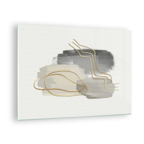 Impression sur verre - Image sur verre - Abstraction avec des taches grises et des lignes dorées sur un fond clair - 70x50cm - Durée et mouvement - Décoration murale moderne pour le salon et la chambre ARTTOR