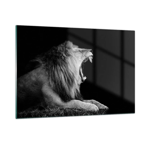 Impression sur verre - Image sur verre - Portrait noir et blanc d'un lion rugissant contre une ombre - 120x80cm - Sans aucun doute - Décoration murale moderne pour le salon et la chambre ARTTOR