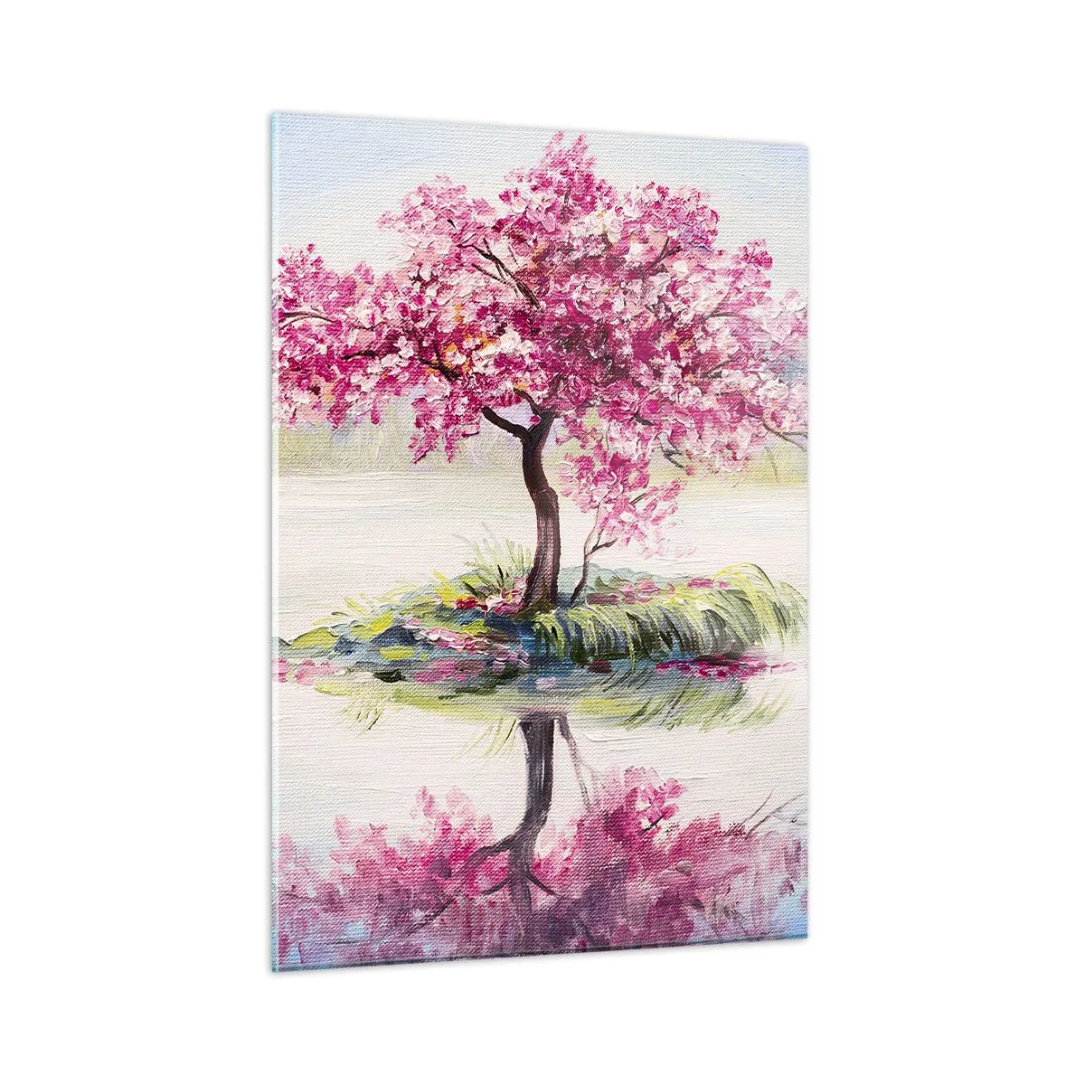 Impression sur verre - Image sur verre - Un arbre rose sur une île se reflétant dans l'eau calme - 50x70cm - Fête du Printemps - Décoration murale moderne pour le salon et la chambre ARTTOR