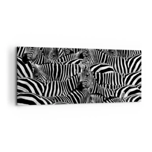 Impression sur toile - Image sur toile - Un groupe de zèbres avec des rayures noires et blanches créant un motif de symétrie. - 120x50cm - Portrait collectif à rayures - Décoration murale moderne pour le salon et la chambre ARTTOR