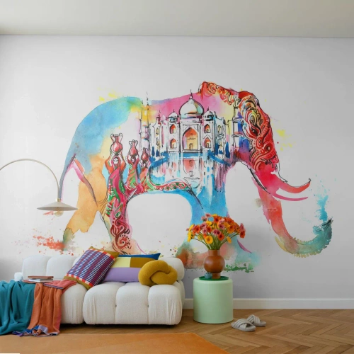 Papier Peint Photo Premium Canvas - Aquarelle colorée d'un éléphant avec un motif du Taj Mahal - 100x70cm - Inde - l'aura de l'amour - Décoration murale moderne pour le salon et la chambre ARTTOR