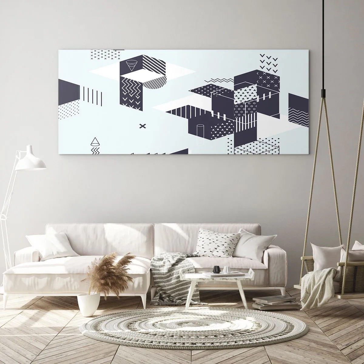 Impression sur verre - Image sur verre - Graphismes géométriques modernes dans des tons de blanc et de bleu marine - 160x50cm - Dans l'âme d'un mathématicien - Décoration murale moderne pour le salon et la chambre ARTTOR