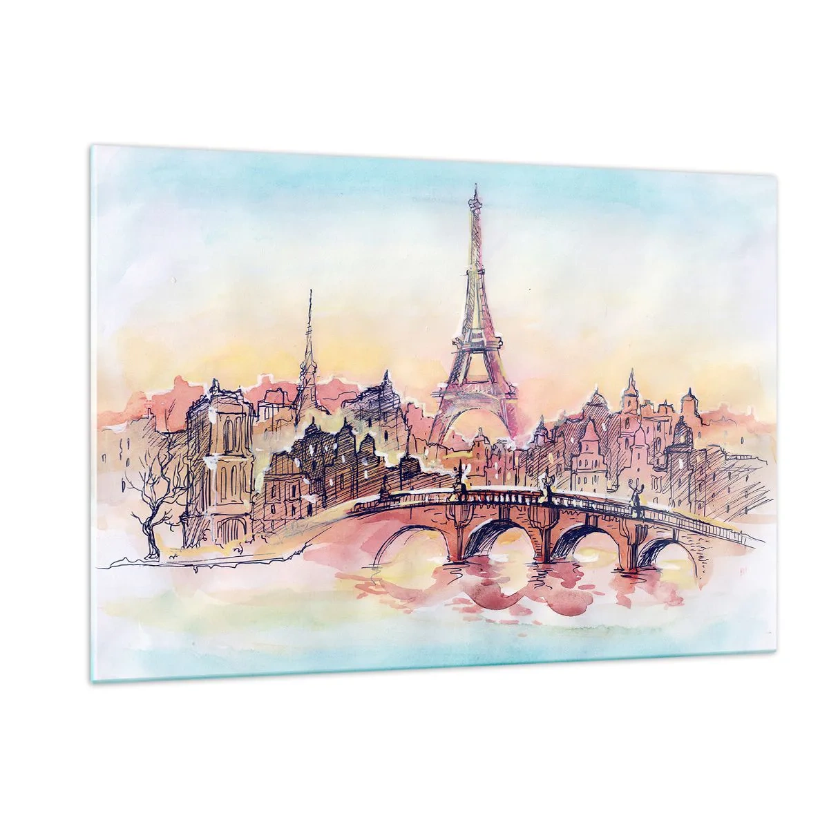 Impression sur verre - Image sur verre - Un panorama de Paris avec la Tour Eiffel dans un style aquarelle délicat - 120x80cm - La seule ville de ce type au monde - Décoration murale moderne pour le salon et la chambre ARTTOR