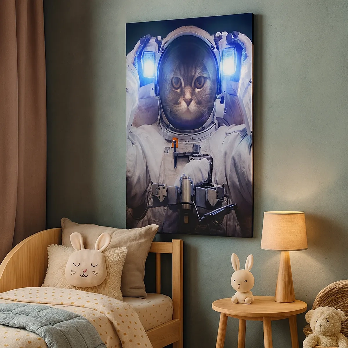 Impression sur toile - Image sur toile - Un chat dans une combinaison d'astronaute avec la Terre en arrière-plan et une lumière vive. - 50x70cm - Houston, vous avez un problème - Décoration murale moderne pour le salon et la chambre ARTTOR