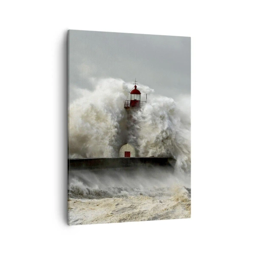 Impression sur toile - Image sur toile - Un phare entouré de vagues violentes pendant une tempête - 50x70cm - La colère de l'océan - Décoration murale moderne pour le salon et la chambre ARTTOR