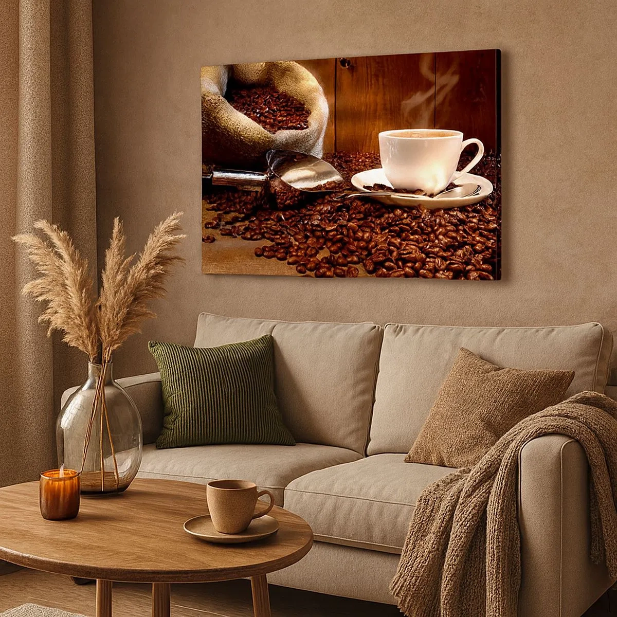 Impression sur toile - Image sur toile - Une tasse de café avec des grains de café et un sac de céréales en arrière-plan - 70x50cm - Sentez-vous cette odeur? - Décoration murale moderne pour le salon et la chambre ARTTOR