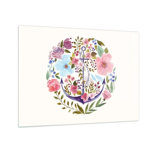 Impression sur verre - Image sur verre - Une ancre entourée de fleurs aquarelles colorées - 70x50cm - Le beau rêve du marin - Décoration murale moderne pour le salon et la chambre ARTTOR