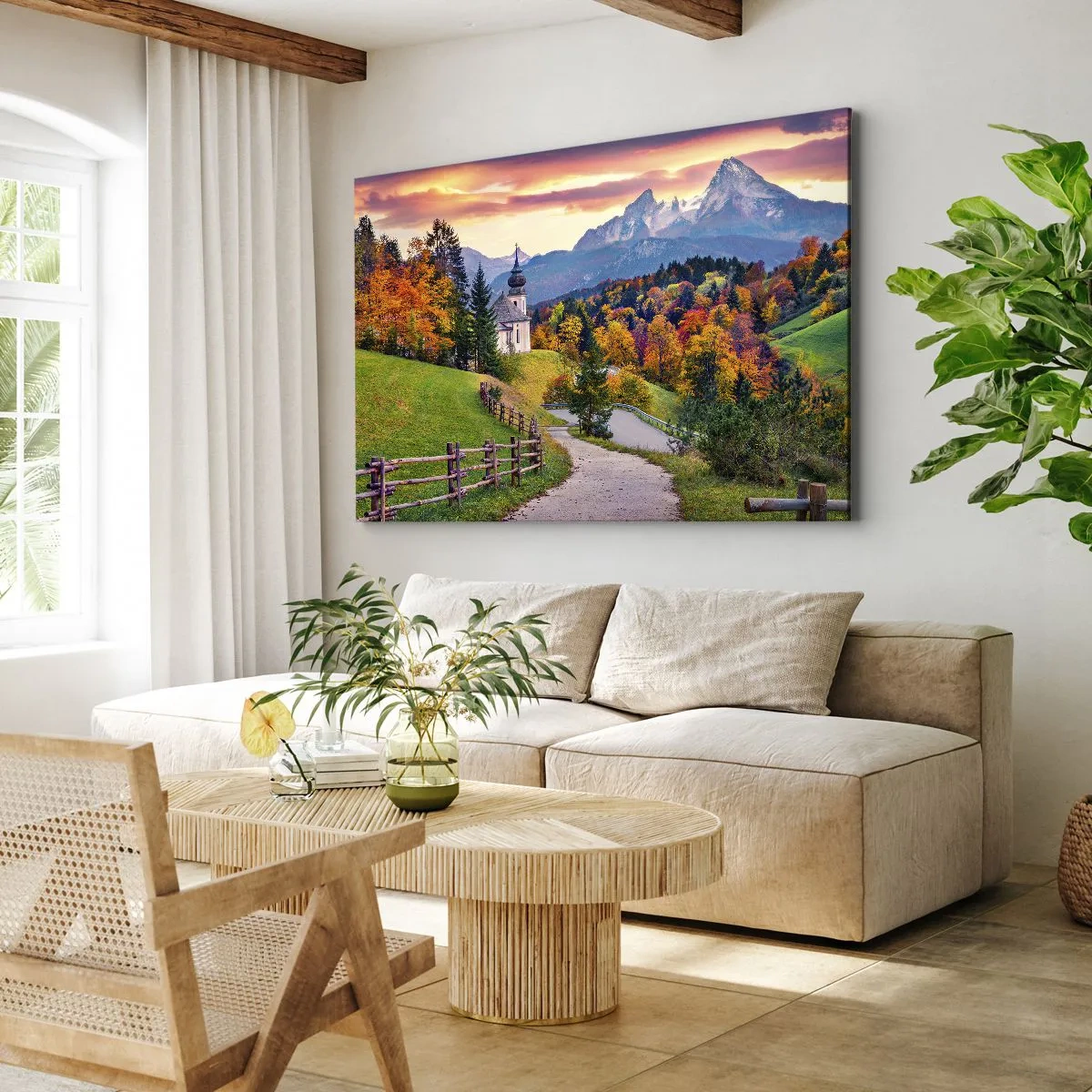 Impression sur toile - Image sur toile - Paysage de montagne d'automne avec une chapelle et un coucher de soleil - 70x50cm - Paysage comme peind - Décoration murale moderne pour le salon et la chambre ARTTOR