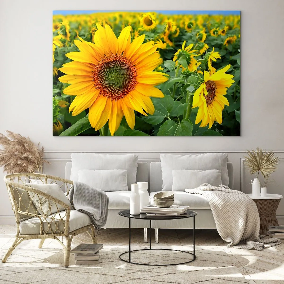 Impression sur verre - Image sur verre - Un champ de tournesols en pleine floraison sous un ciel bleu - 70x50cm - Des centaines de soleils se sont embrasés - Décoration murale moderne pour le salon et la chambre ARTTOR