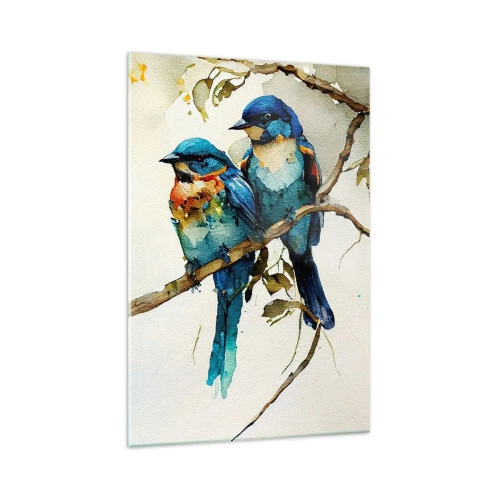 Impression sur verre - Image sur verre - Trois oiseaux colorés sur une branche dans un style aquarelle - 70x100cm - A-t-il été offensé ? - Décoration murale moderne pour le salon et la chambre ARTTOR